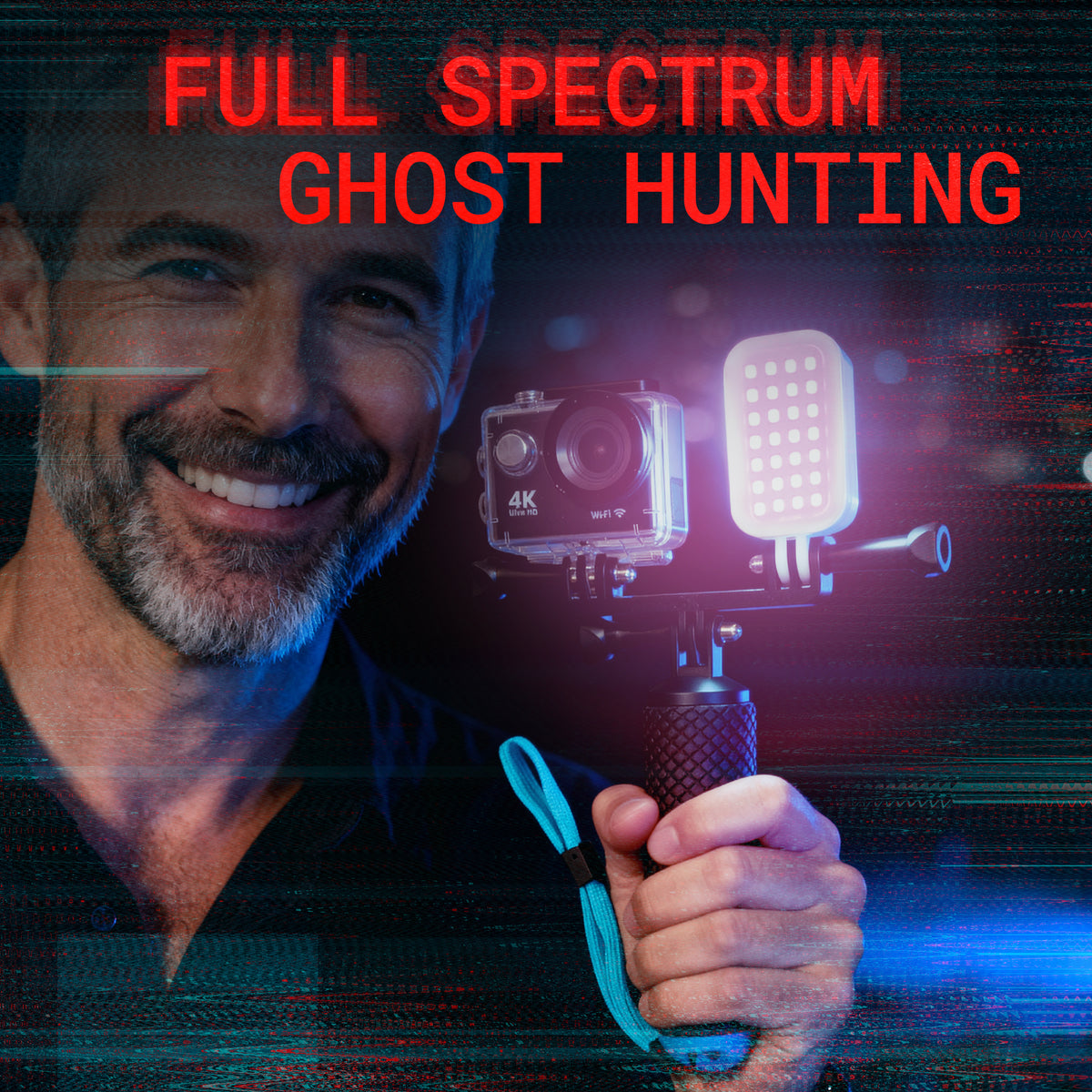 Smiling man holding a 4K full spectrum camera and light, promoting full spectrum ghost hunting equipment.