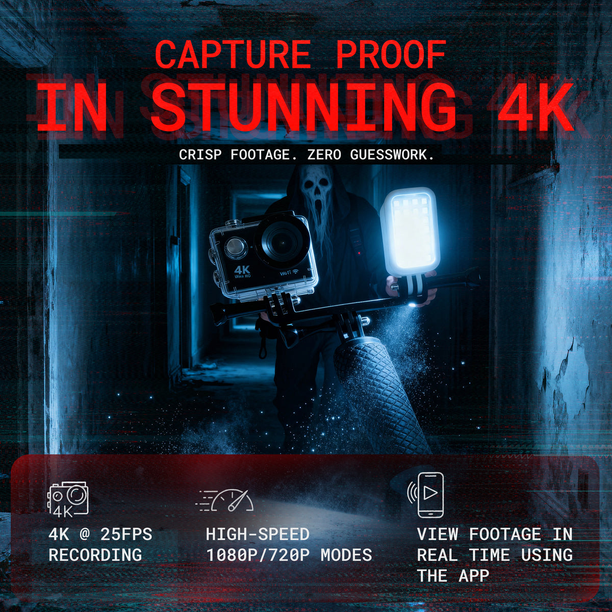 Full Spectrum 4K camera for ghost hunting, with lighting, in a dark corridor, with superimposed text "CAPTURE PROOF IN STUNNING 4K", highlighting the video capture features.