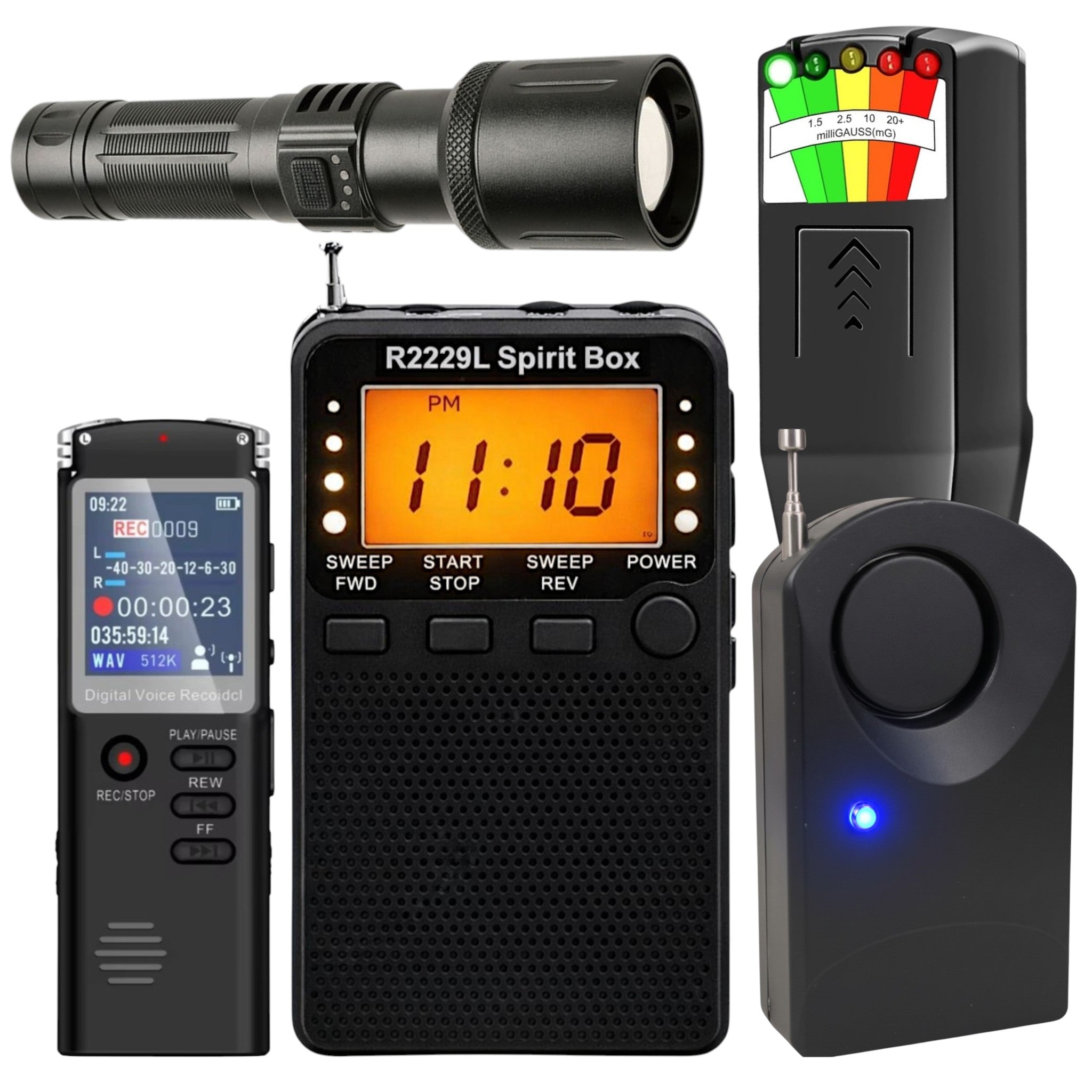 Representative beginner kit with EMF meter, recorder, spirit box and REM-style sensor