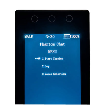 Phantom Chat Ovilus device displaying menu options for ghost hunting, featuring "Start Session," "Log," and "Voice Selection" on screen.