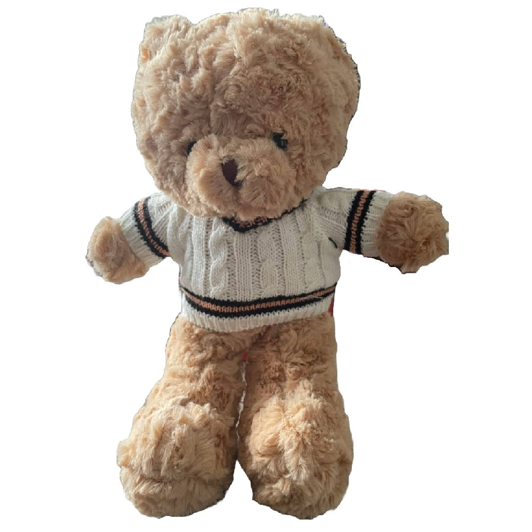 Teddy bear wearing a knitted sweater, featured as part of the Teddy Pod ghost hunting equipment from Spirit Store.