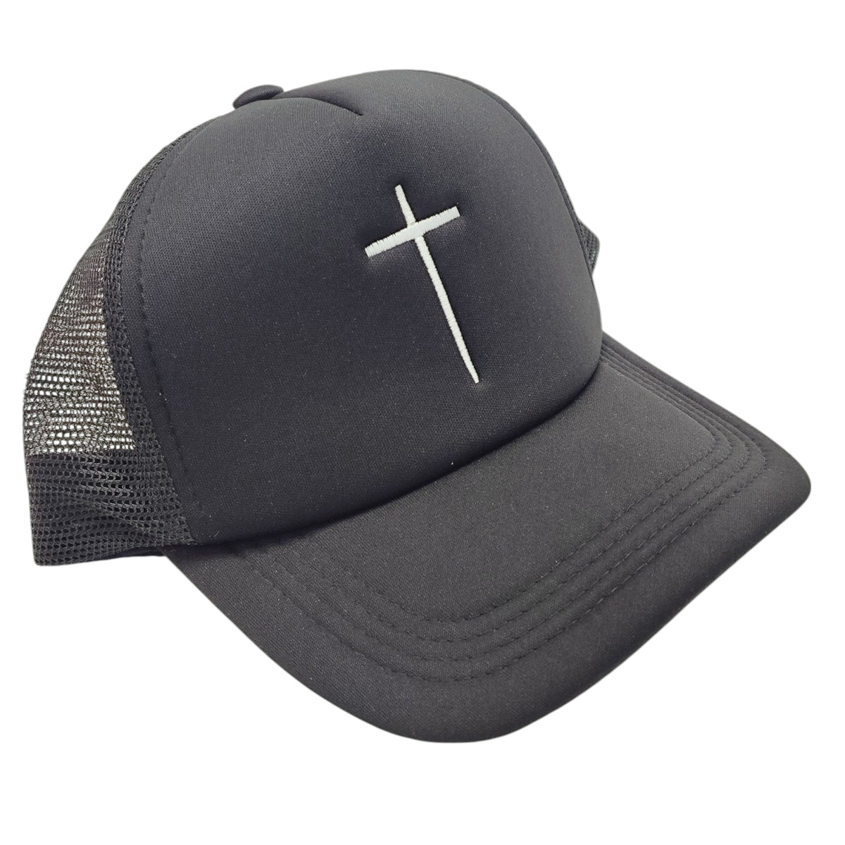 Schwarze Baseballkappe mit weißem Kreuzmotiv, geeignet für Geisterjäger und spirituelle Aktivitäten.